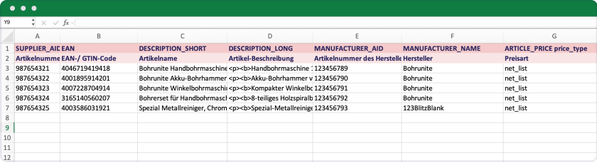 Auszug aus der Datei unite-csv_products.xls, in der Produkte zeilenweise in einer Excel-Tabelle aufgeführt sind – mit Spalten für Produktdetails wie Artikelname, Artikelbeschreibung und Preisart.