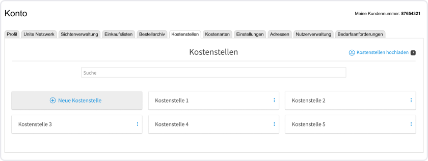 Melden Sie sich bei Ihrem Konto an und gehen Sie zum Menüpunkt „Kostenstellen“.