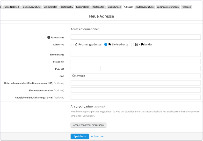 Verwalten Sie Adressen für Rechnungsstellung und Lieferung, weisen Sie Adressen zu und aktualisieren Sie Adresskontaktdaten.
