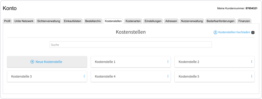Melden Sie sich bei Ihrem Konto an und gehen Sie zum Menüpunkt „Kostenstellen“.