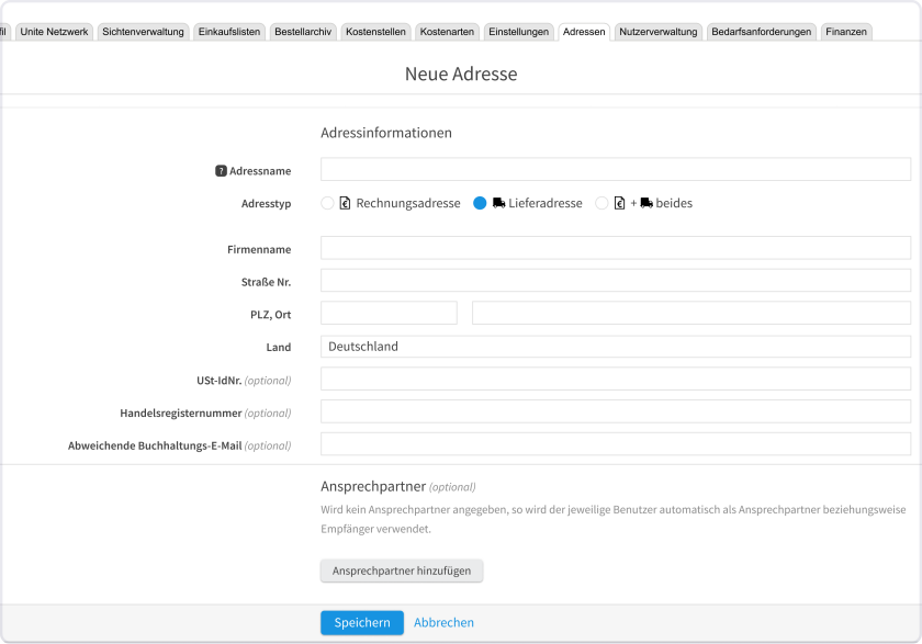 Verwalten Sie Adressen für Rechnungsstellung und Lieferung, weisen Sie Adressen zu und aktualisieren Sie Adresskontaktdaten.