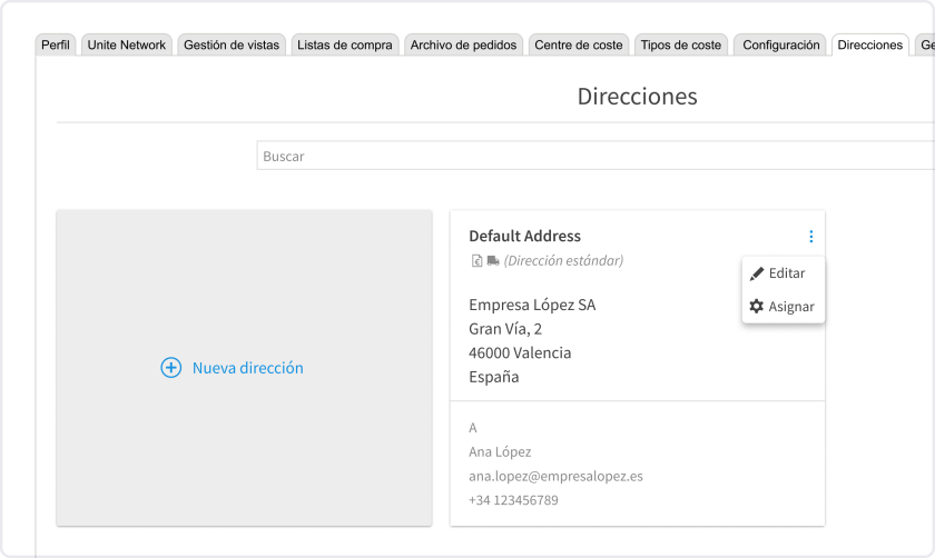 Imagen de la interfaz que muestra el área para editar una dirección y la persona de contacto